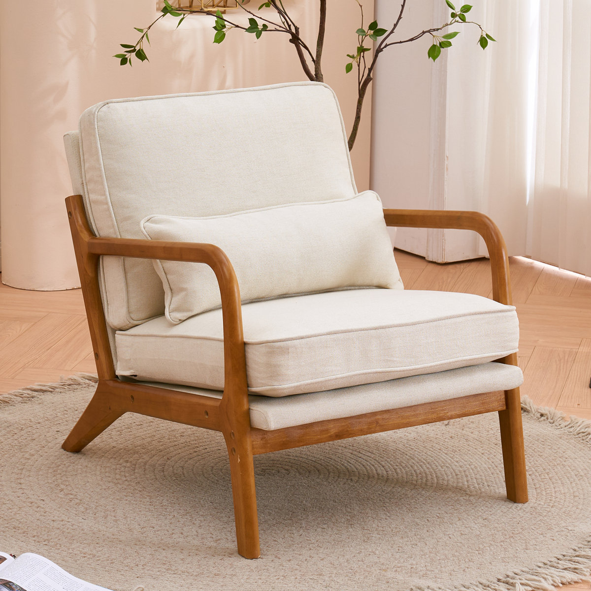 Lemley Mid Century Solid Wood Accent Chair Upholstered Armchair with an Extra Pillow